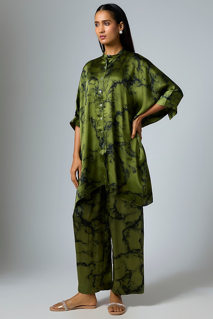 Mehendi & Marble Colored Bemberg Satin Digital Printed Trousers by Inca at Pernia's Pop Up Shop