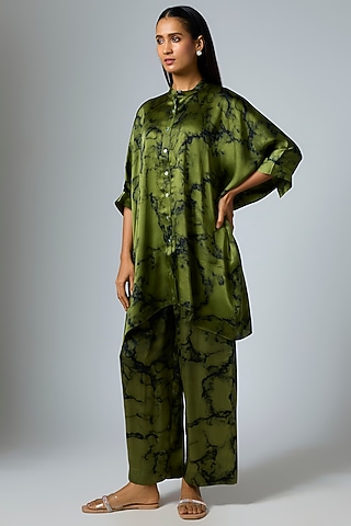 Mehendi & Marble Colored Bemberg Satin Digital Printed Trousers by Inca