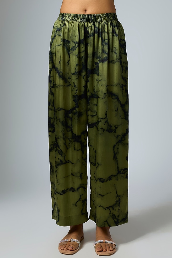 Mehendi & Marble Colored Bemberg Satin Digital Printed Trousers by Inca at Pernia's Pop Up Shop