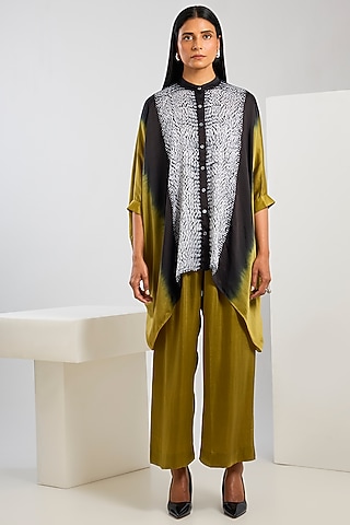 Yellow Bamberg Satin Shibori Printed Poncho Shirt by Inca