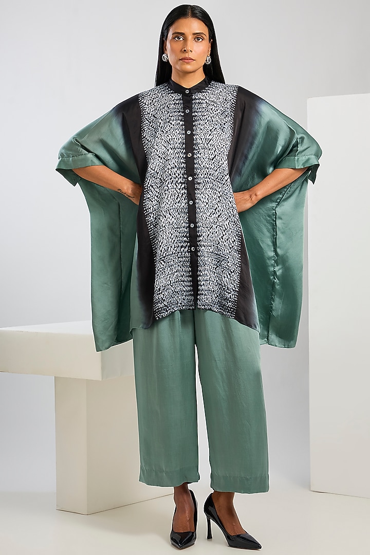 Blue Bamberg Satin Shibori Printed Poncho Shirt by Inca at Pernia's Pop Up Shop