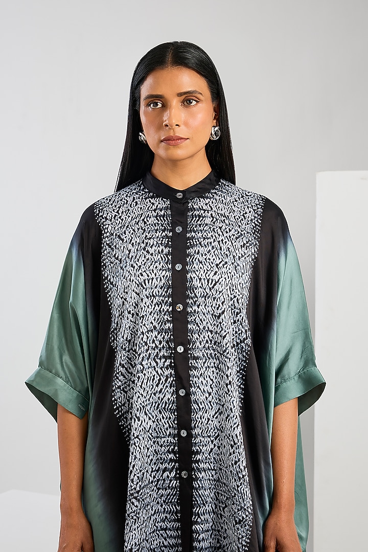 Blue Bamberg Satin Shibori Printed Poncho Shirt by Inca at Pernia's Pop Up Shop