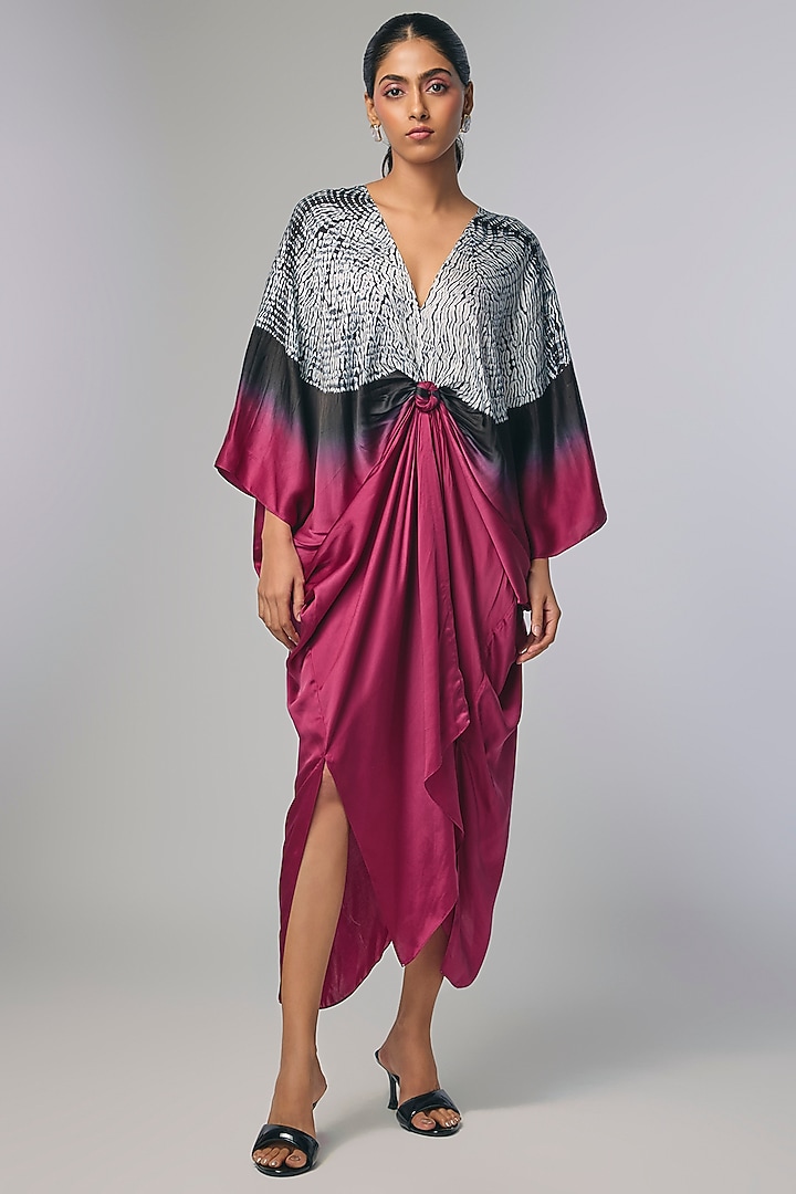 Wine Bemberg Satin Shibori Hand Printed Kaftan by Inca at Pernia's Pop Up Shop