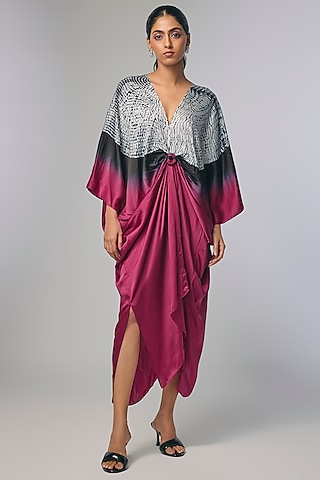 Wine Bemberg Satin Shibori Hand Printed Kaftan by Inca