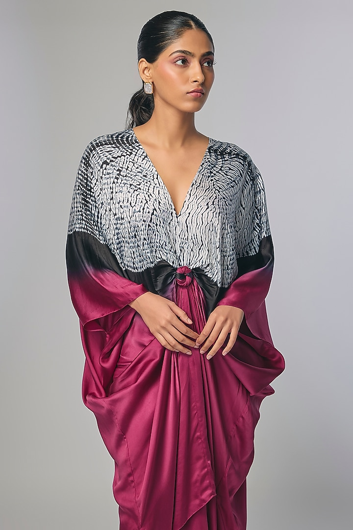 Wine Bemberg Satin Shibori Hand Printed Kaftan by Inca at Pernia's Pop Up Shop