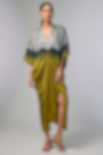 Yellow Bemberg Satin Shibori Hand Printed Kaftan by Inca at Pernia's Pop Up Shop