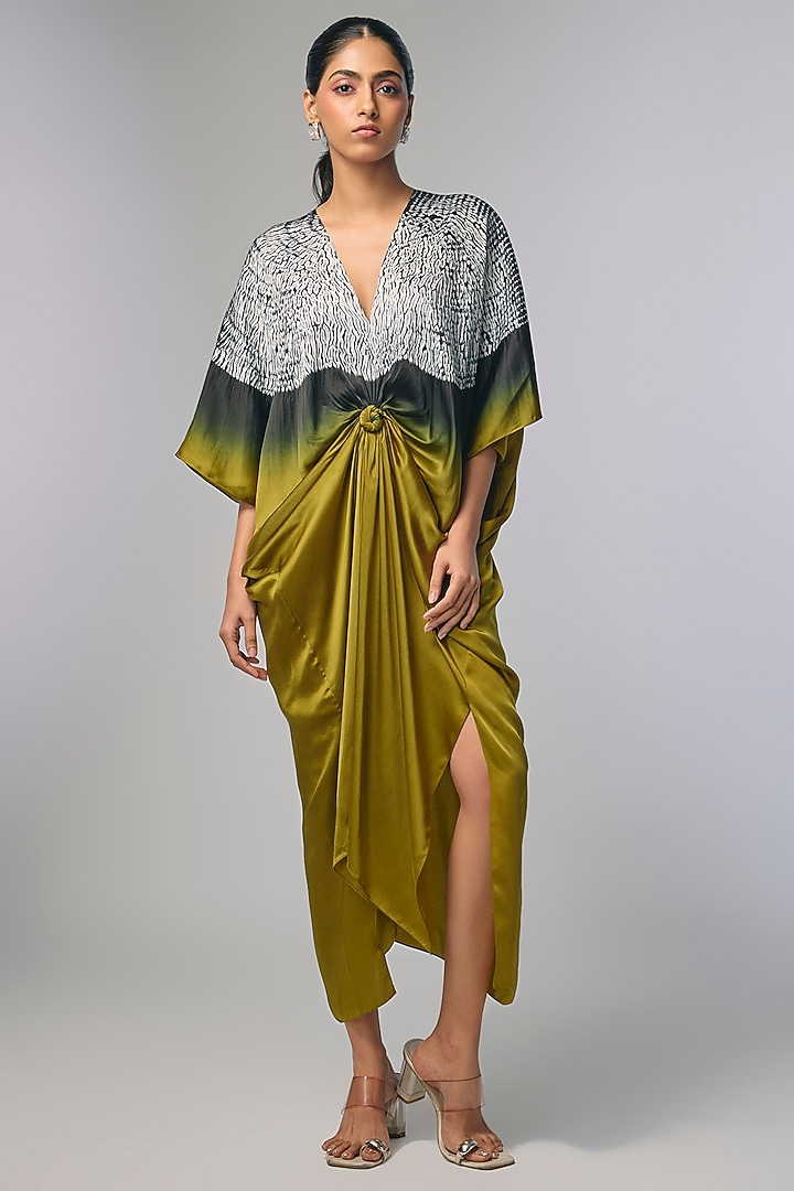 Yellow Bemberg Satin Shibori Hand Printed Kaftan by Inca at Pernia's Pop Up Shop