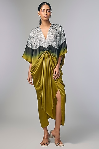Yellow Bemberg Satin Shibori Hand Printed Kaftan by Inca
