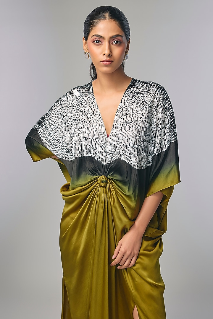 Yellow Bemberg Satin Shibori Hand Printed Kaftan by Inca at Pernia's Pop Up Shop