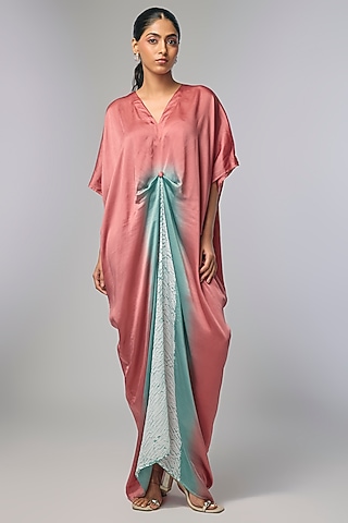 Pink Bemberg Satin Shibori Printed Draped Dress by Inca