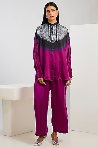 Wine Bamberg Satin Shibori Printed Shirt by Inca