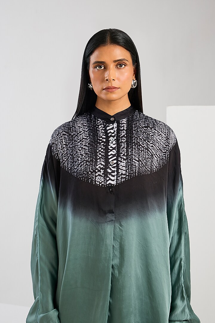Blue Bamberg Satin Shibori Printed Shirt by Inca at Pernia's Pop Up Shop