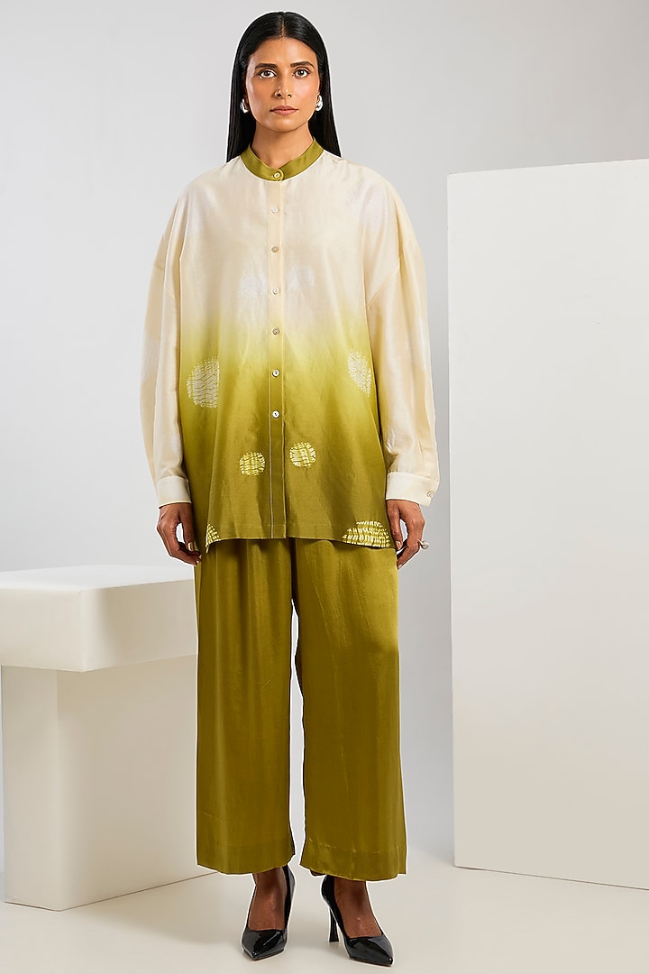 Yellow Bamberg Satin Shibori Printed Shirt by Inca at Pernia's Pop Up Shop