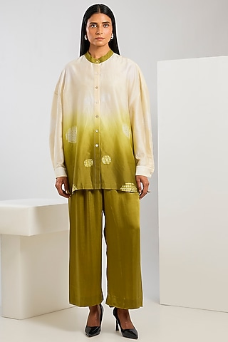 Yellow Bamberg Satin Shibori Printed Shirt by Inca