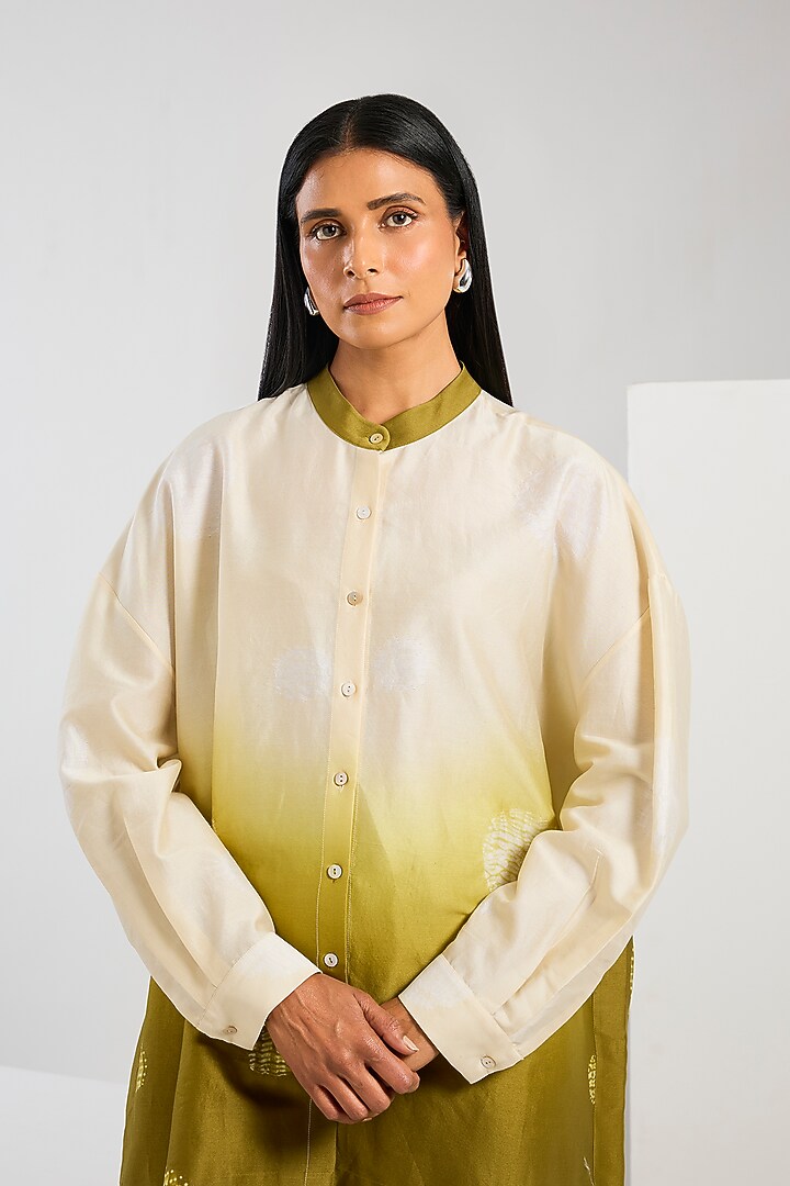 Yellow Bamberg Satin Shibori Printed Shirt by Inca at Pernia's Pop Up Shop