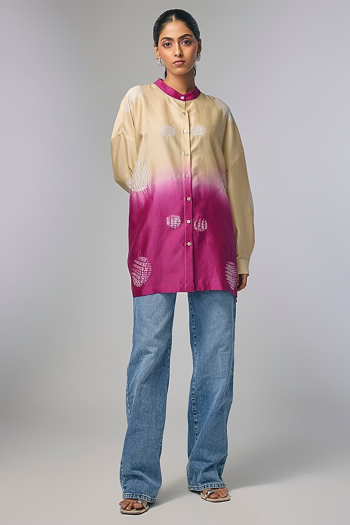 Pink Chanderi Polka & Shibori Printed Shirt by Inca at Pernia's Pop Up Shop