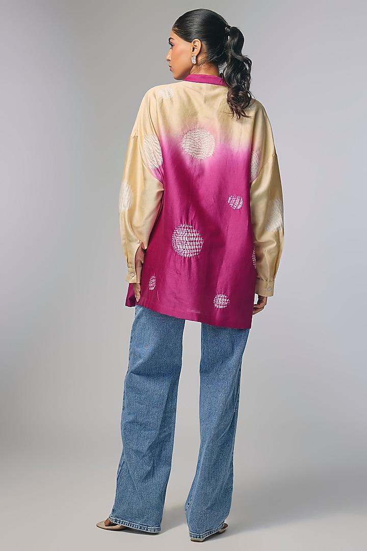 Pink Chanderi Polka & Shibori Printed Shirt by Inca at Pernia's Pop Up Shop