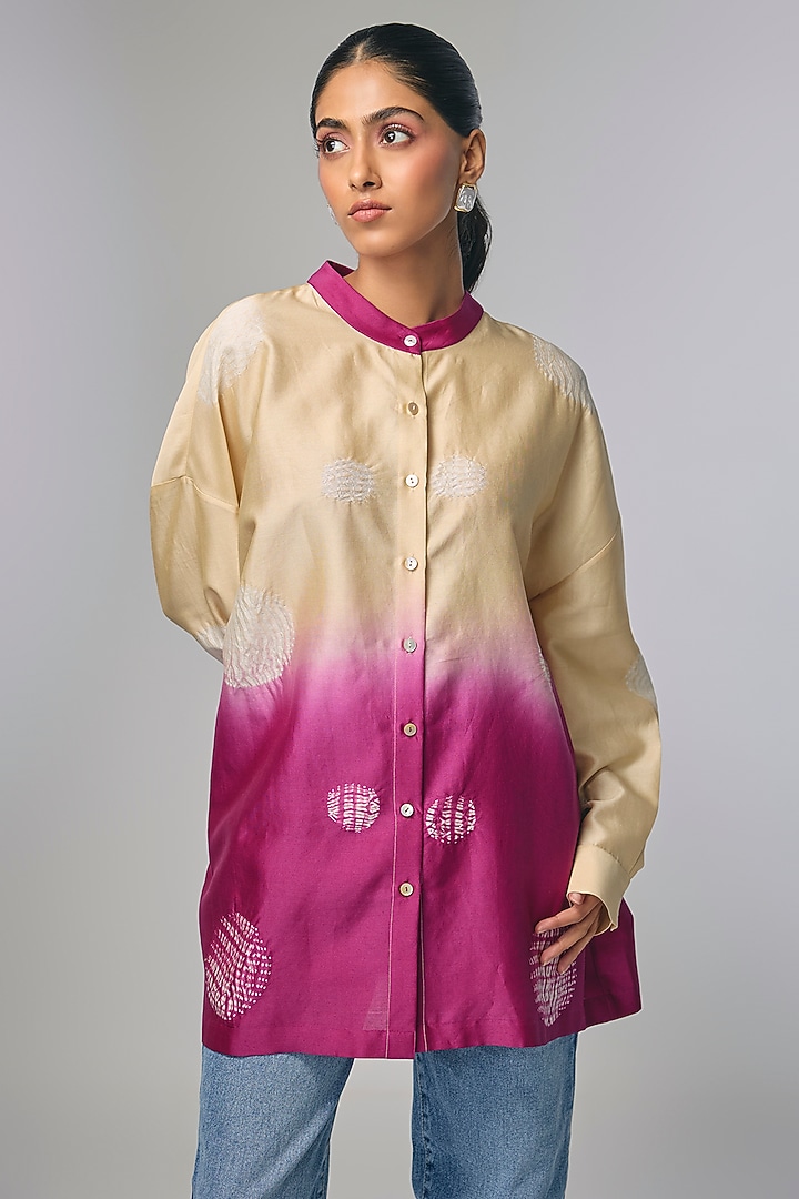 Pink Chanderi Polka & Shibori Printed Shirt by Inca at Pernia's Pop Up Shop