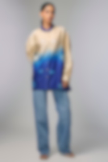 Blue Chanderi Polka & Shibori Printed Shirt by Inca at Pernia's Pop Up Shop