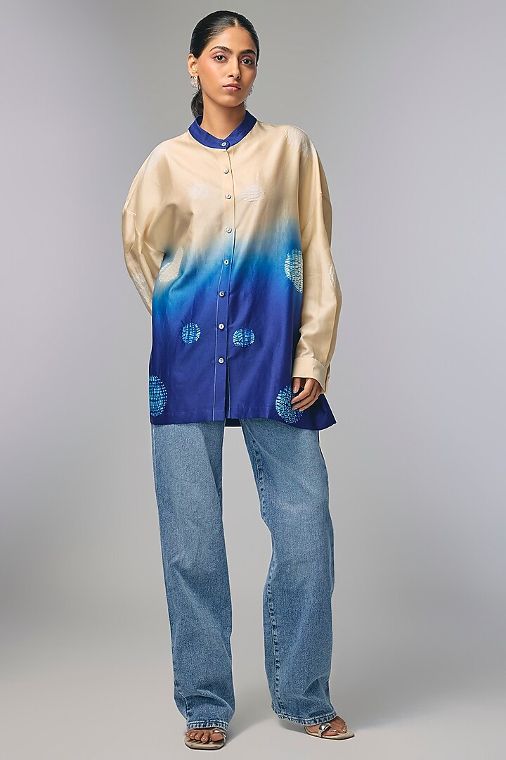 Blue Chanderi Polka & Shibori Printed Shirt by Inca at Pernia's Pop Up Shop