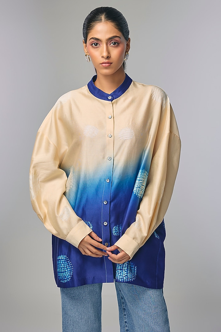 Blue Chanderi Polka & Shibori Printed Shirt by Inca at Pernia's Pop Up Shop