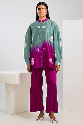 Wine Bamberg Satin Shibori Printed Shirt by Inca