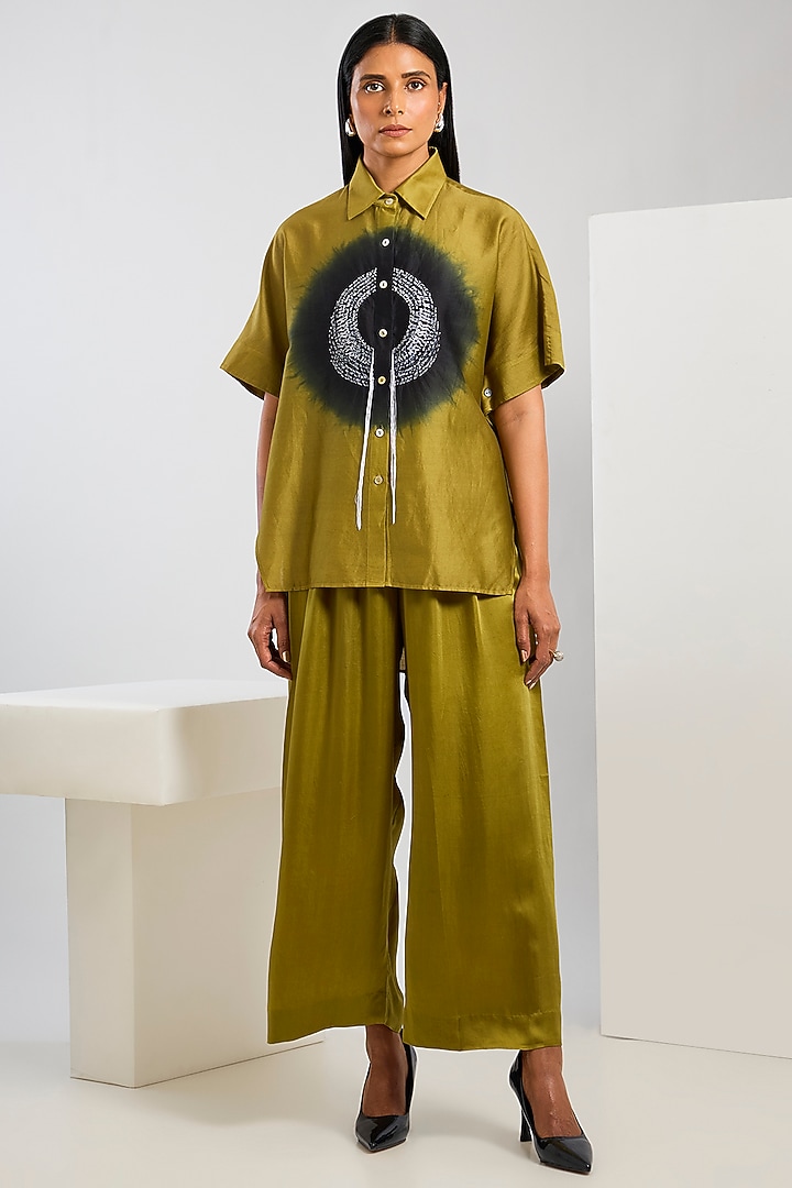 Yellow Bamberg Satin Kantha Work & Shibori Printed Shirt by Inca at Pernia's Pop Up Shop