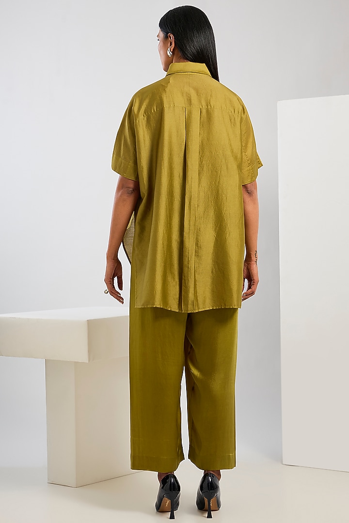 Yellow Bamberg Satin Kantha Work & Shibori Printed Shirt by Inca at Pernia's Pop Up Shop
