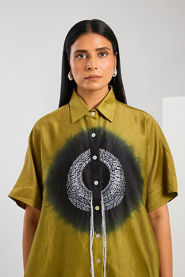 Yellow Bamberg Satin Kantha Work & Shibori Printed Shirt by Inca at Pernia's Pop Up Shop