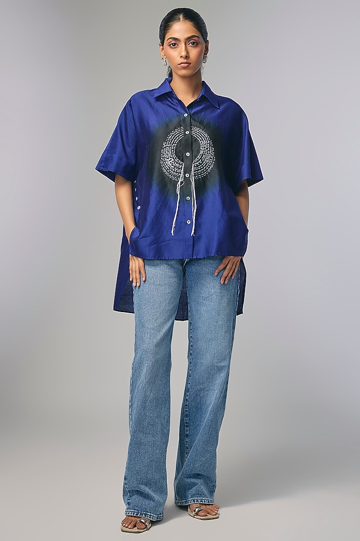 Blue Chanderi Shibori Printed & Kantha Work Shirt by Inca at Pernia's Pop Up Shop
