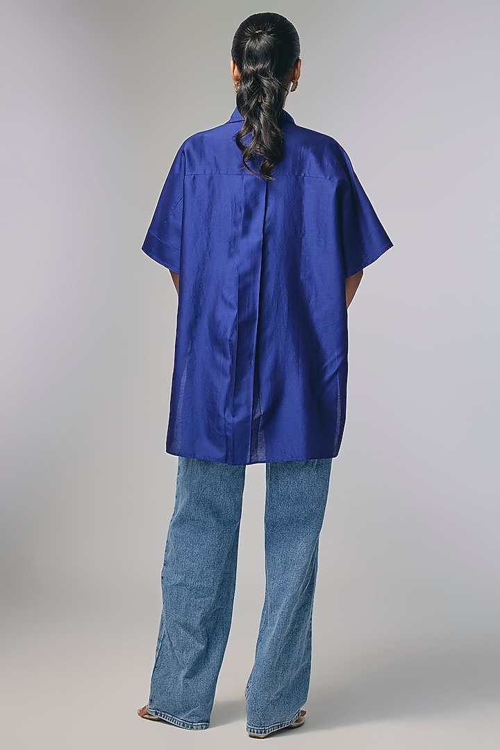 Blue Chanderi Shibori Printed & Kantha Work Shirt by Inca at Pernia's Pop Up Shop