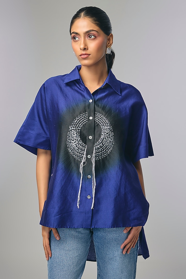 Blue Chanderi Shibori Printed & Kantha Work Shirt by Inca at Pernia's Pop Up Shop