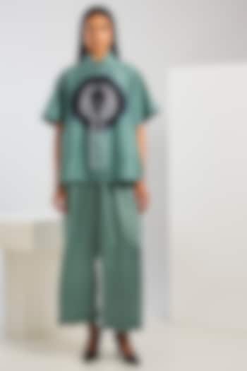 Blue Bamberg Satin Kantha Work & Shibori Printed Shirt by Inca at Pernia's Pop Up Shop