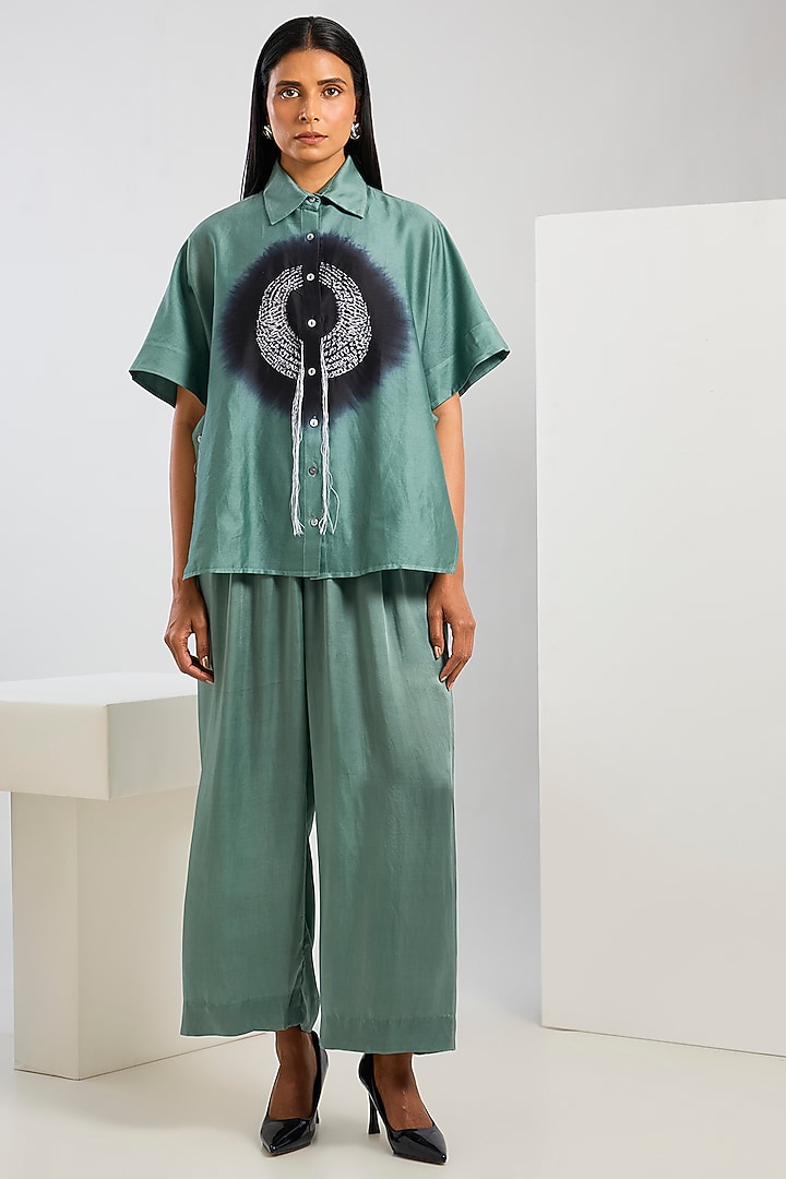 Blue Bamberg Satin Kantha Work & Shibori Printed Shirt by Inca at Pernia's Pop Up Shop