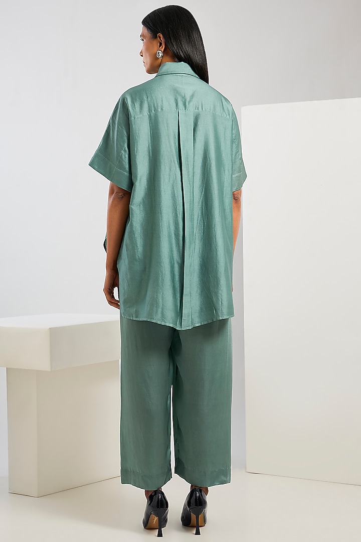 Blue Bamberg Satin Kantha Work & Shibori Printed Shirt by Inca at Pernia's Pop Up Shop