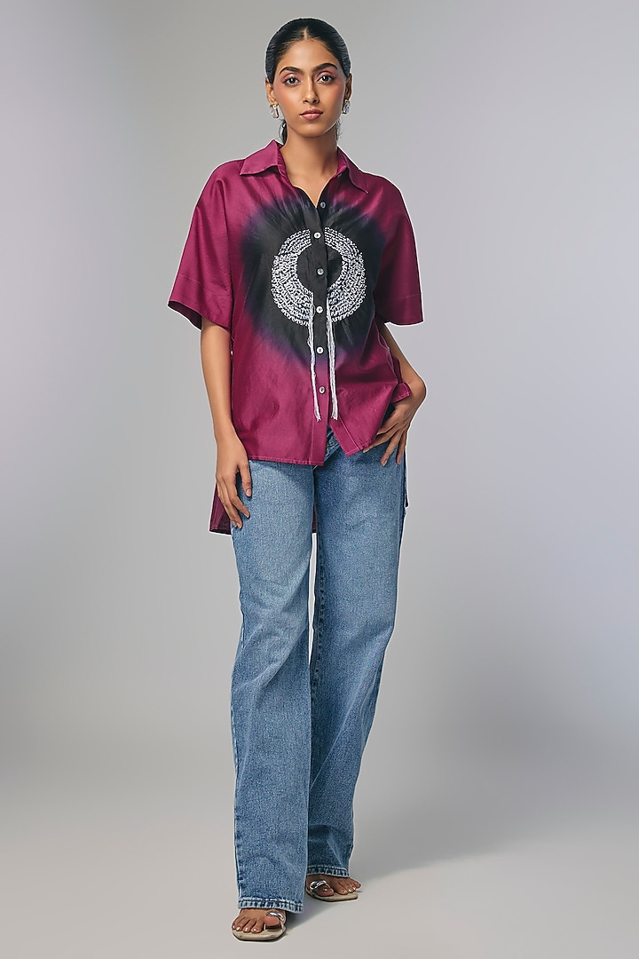 Wine Chanderi Shibori Printed & Kantha Work Shirt by Inca at Pernia's Pop Up Shop