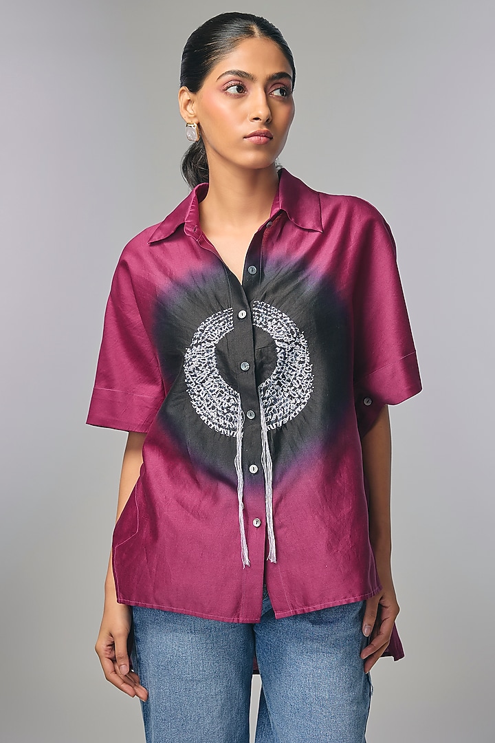 Wine Chanderi Shibori Printed & Kantha Work Shirt by Inca at Pernia's Pop Up Shop