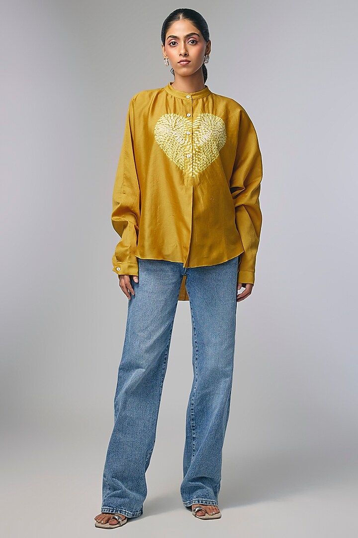Yellow Chanderi Shibori Heart Printed Shirt by Inca at Pernia's Pop Up Shop