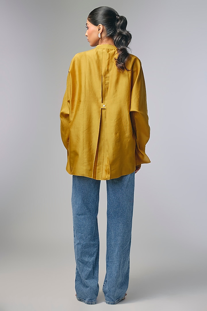Yellow Chanderi Shibori Heart Printed Shirt by Inca at Pernia's Pop Up Shop
