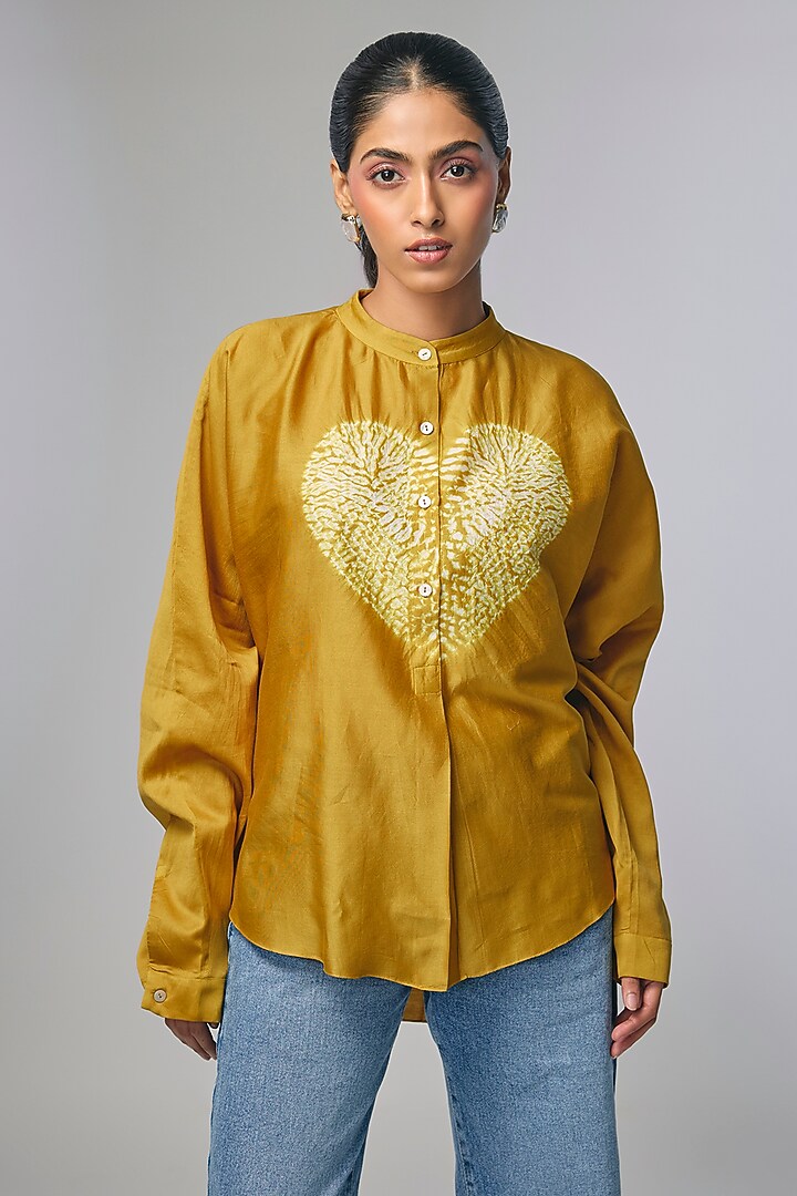 Yellow Chanderi Shibori Heart Printed Shirt by Inca at Pernia's Pop Up Shop