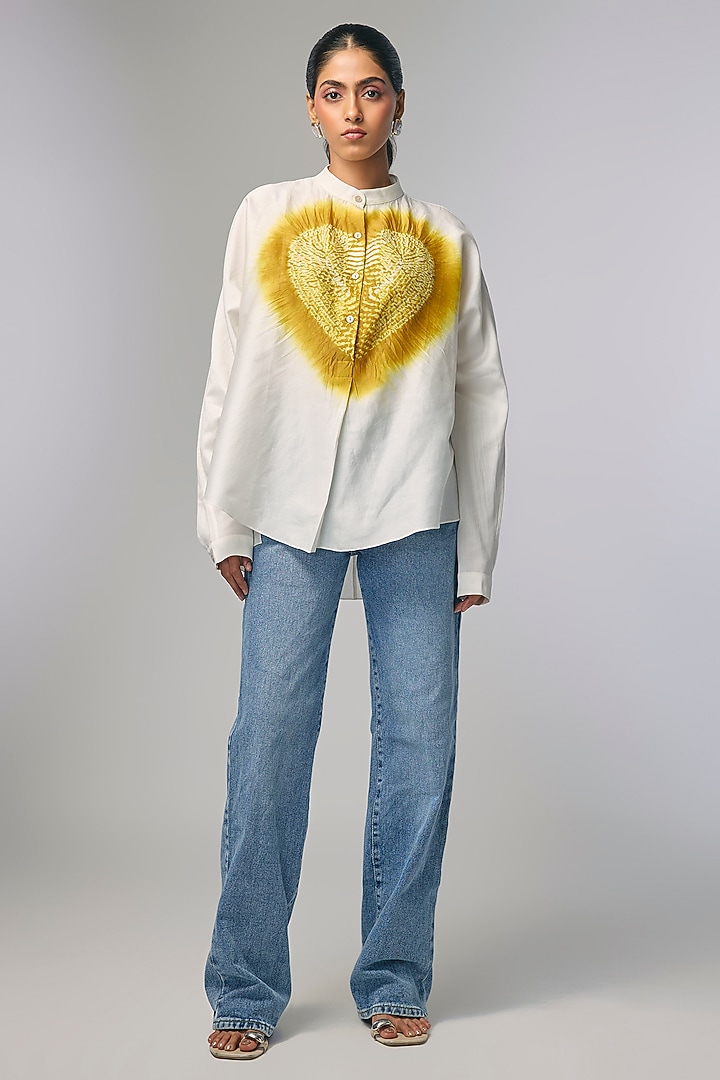 Ivory Chanderi Shibori Heart Printed Shirt by Inca at Pernia's Pop Up Shop
