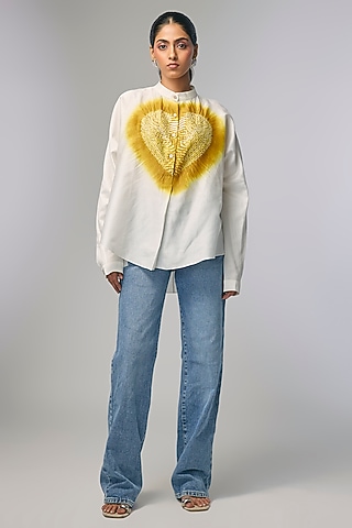 Ivory Chanderi Shibori Heart Printed Shirt by Inca