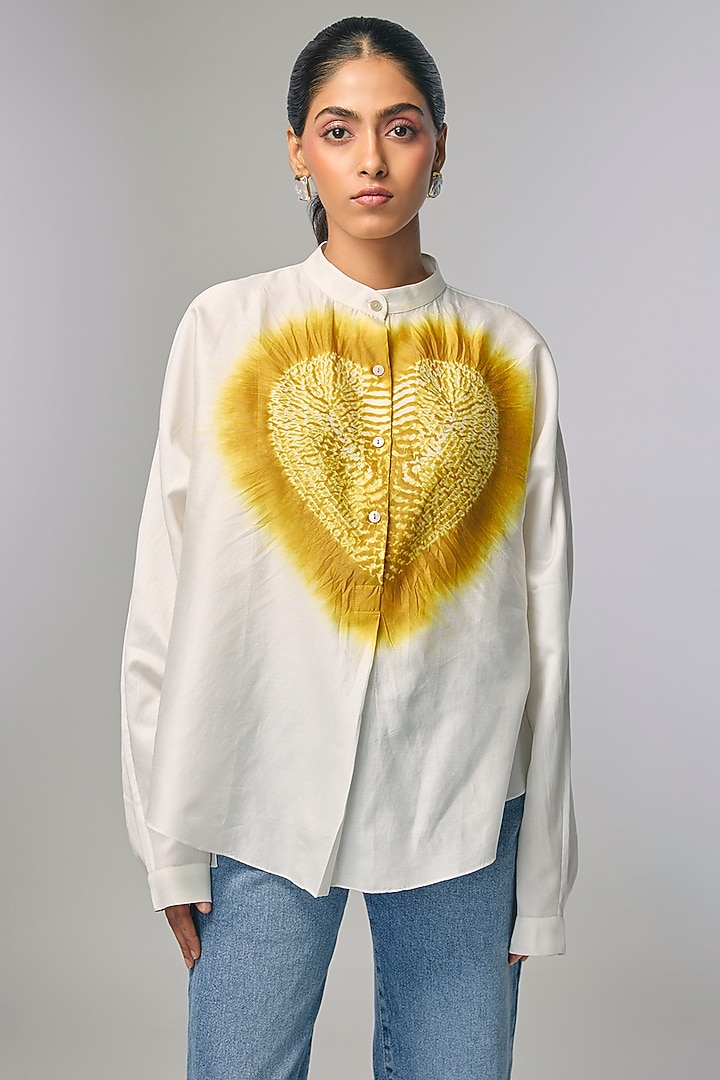 Ivory Chanderi Shibori Heart Printed Shirt by Inca at Pernia's Pop Up Shop