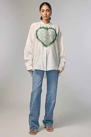 Ivory Chanderi Shibori Heart Printed Shirt by Inca