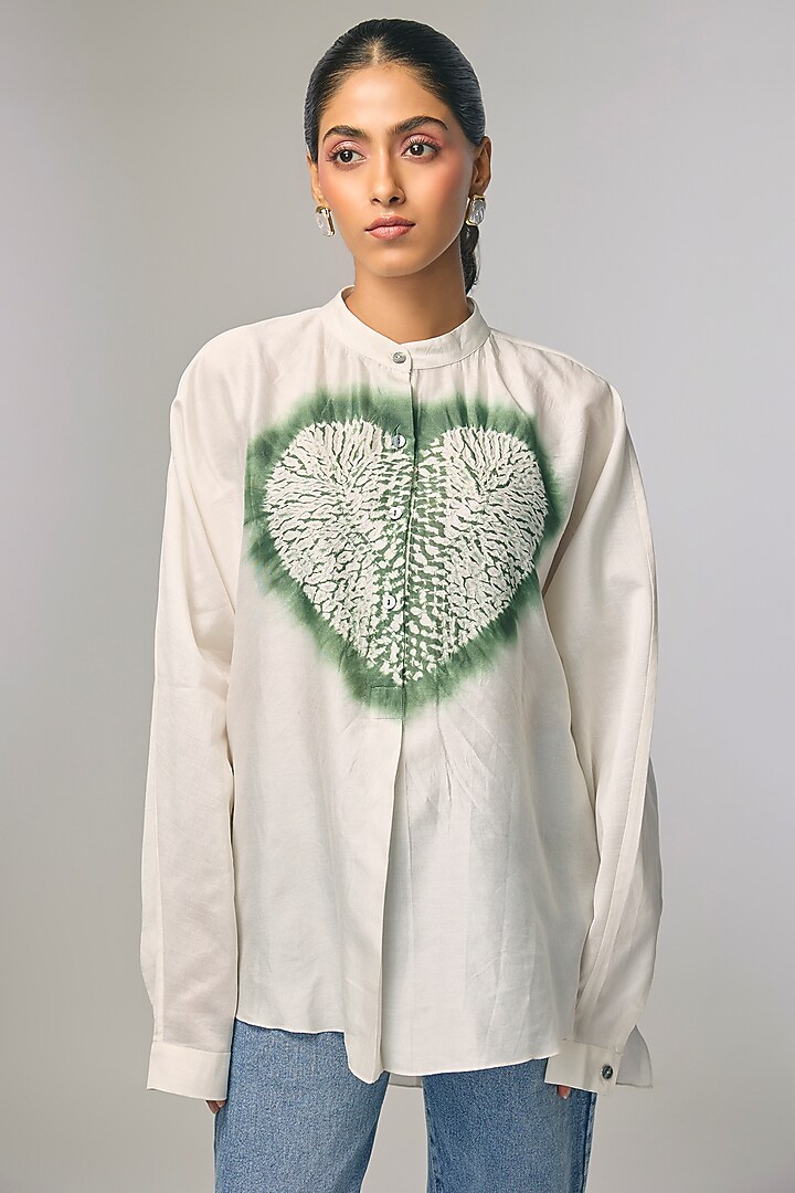 Ivory Chanderi Shibori Heart Printed Shirt by Inca at Pernia's Pop Up Shop