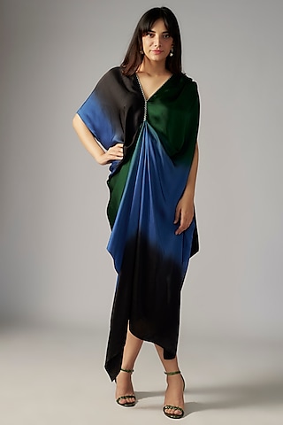 Blue Bemberg Satin Ombre Draped Dress by Inca