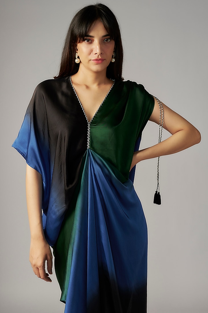 Blue Bemberg Satin Ombre Draped Vacation Dress by Inca at Pernia's Pop Up Shop