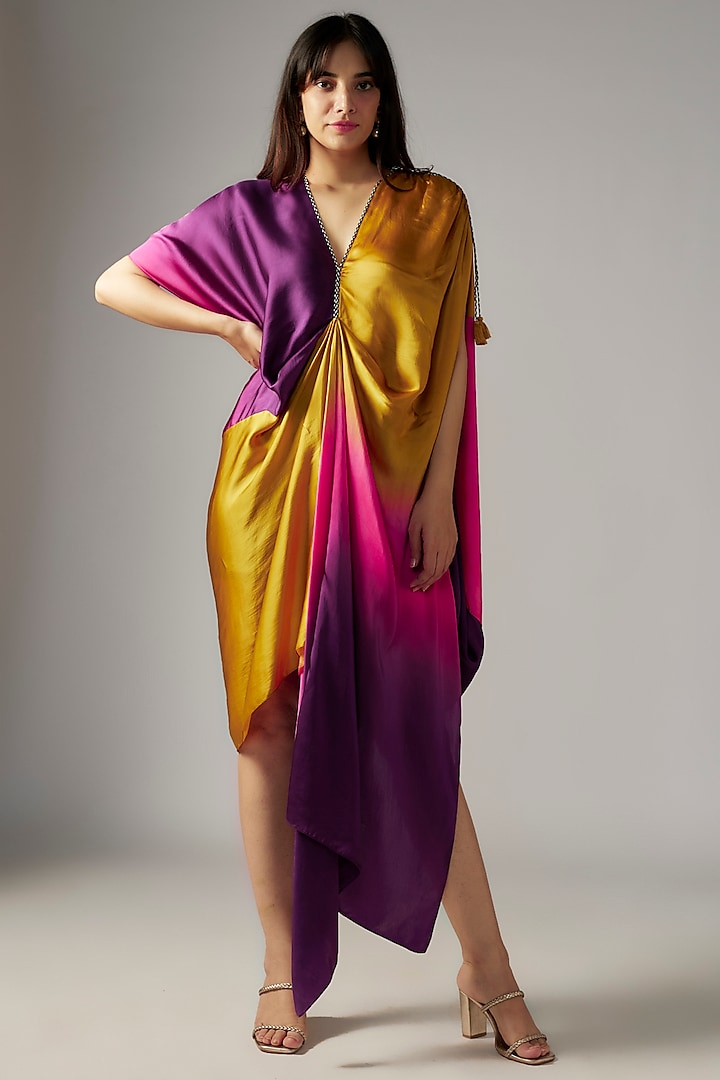 Yellow Bemberg Satin Ombre Draped Dress by Inca at Pernia's Pop Up Shop