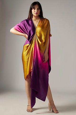 Yellow Bemberg Satin Ombre Draped Dress by Inca