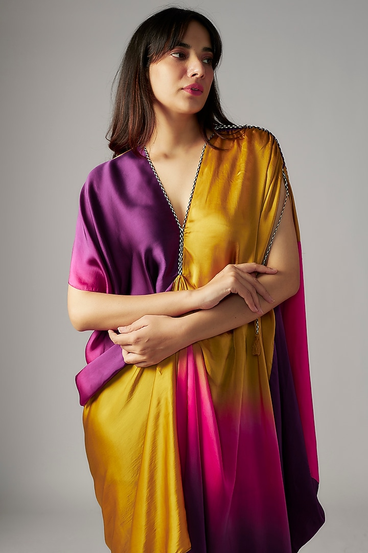 Yellow Bemberg Satin Ombre Draped Vacation Dress by Inca at Pernia's Pop Up Shop